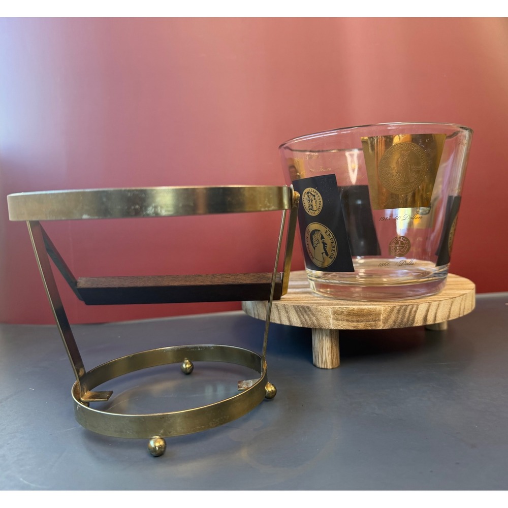 Cera Ambassador Gold Coin Ice Bucket and 4 Rocks Glasses MCM Barware Set - Picture 6 of 16